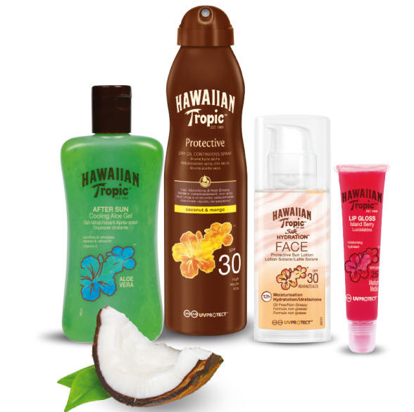 Kit Hawajian Tropic: olio 19 spray, Silk Idratation viso 30, Lip Gloss 25, Cool Aloe Gel, euro 29,90
