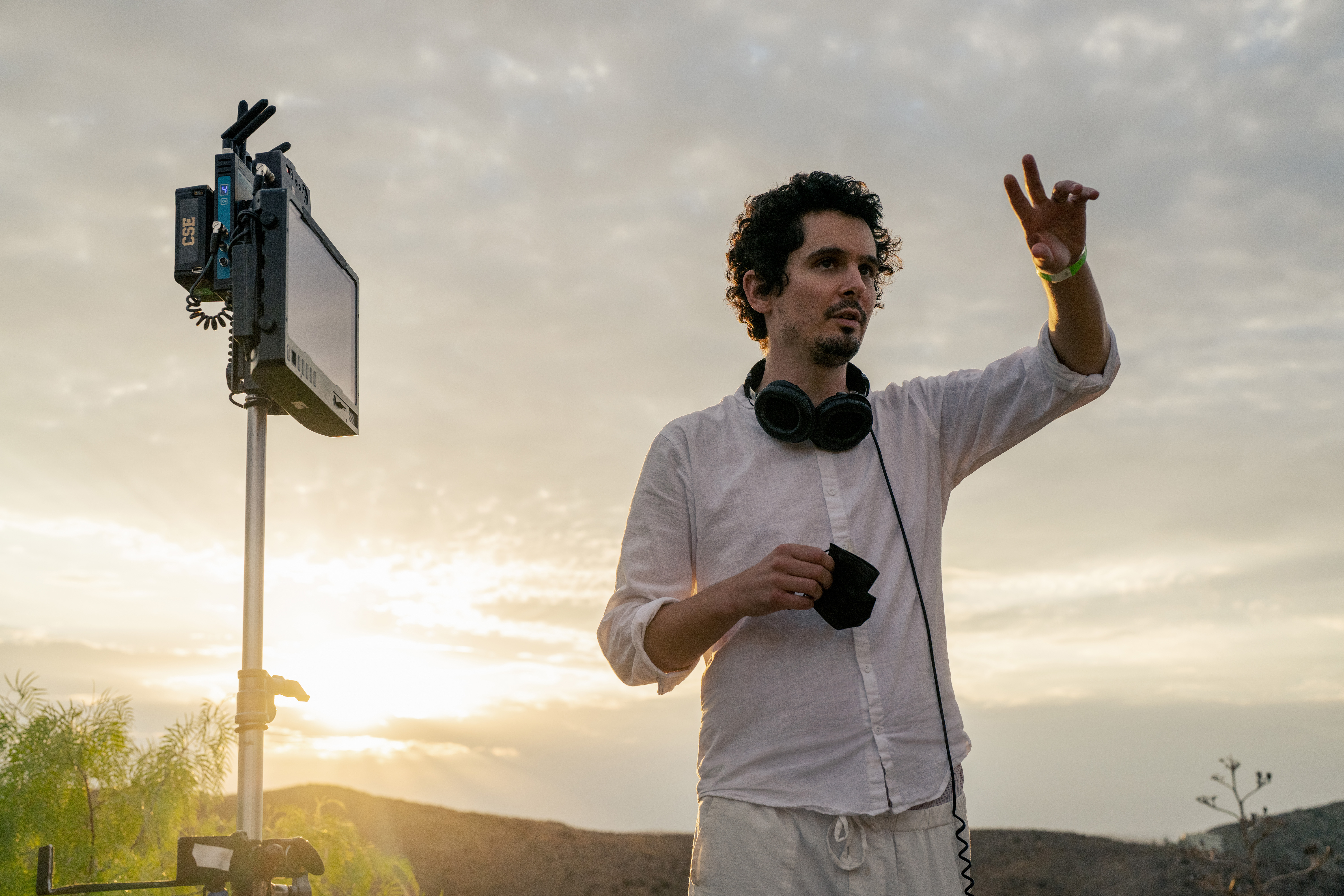 Director Damien Chazelle on the set of Babylon from Paramount Pictures.